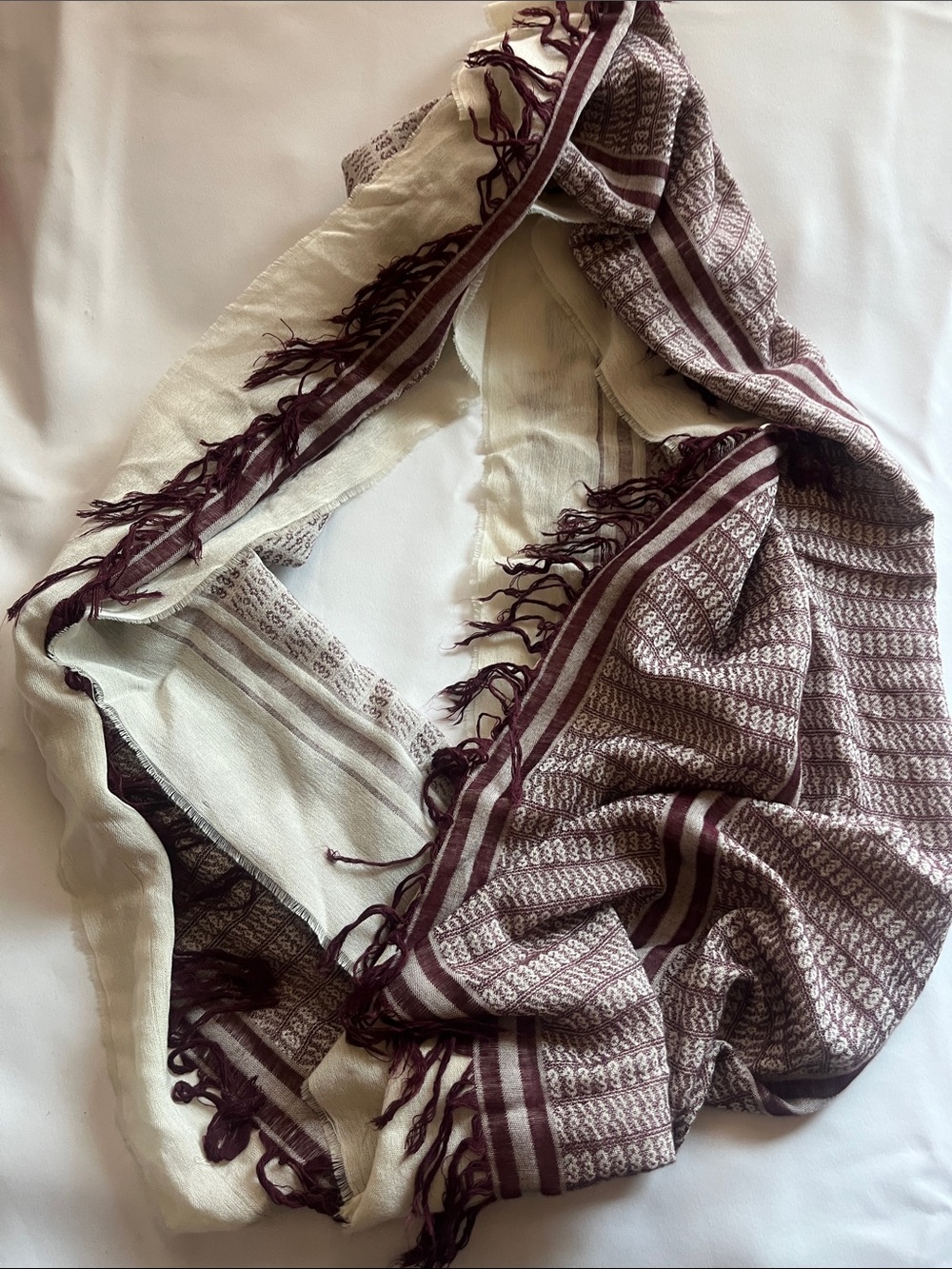 Women's Cream and Burgundy Patterned Scarf